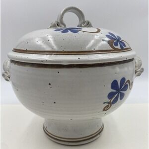 VTG Studio Pottery Bowl Soup Tureen w/ Lid Twisted Handles Tan Blue Glazed